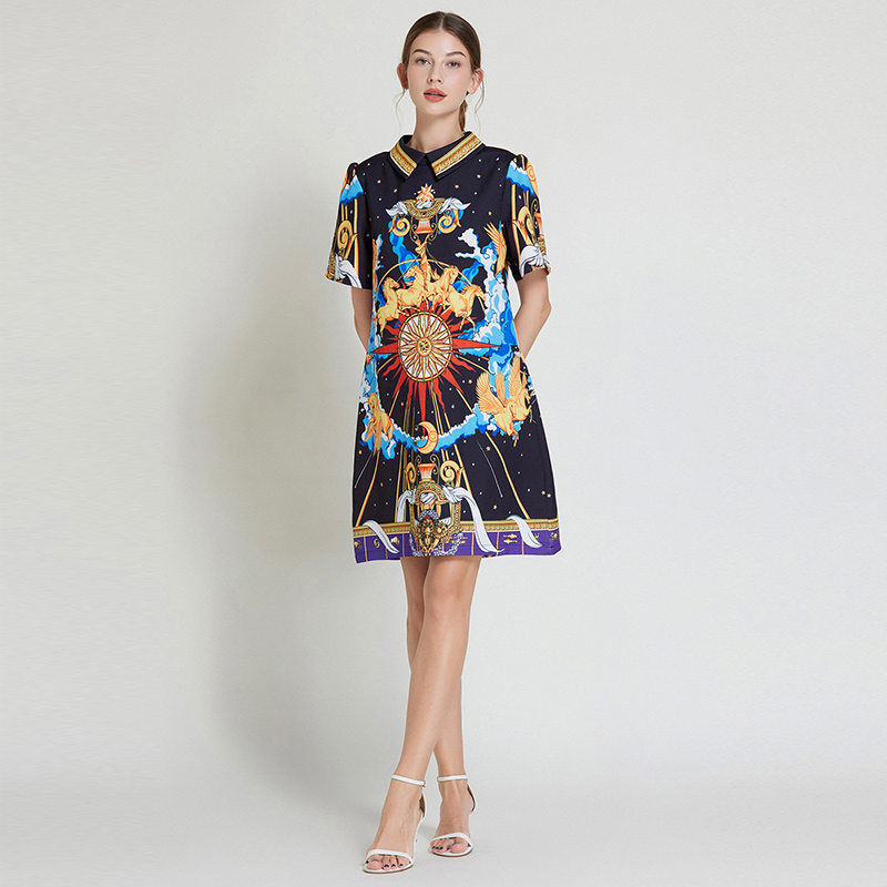 Summer printing short sleeve A-line slim temperament dress