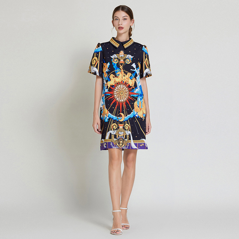 Summer printing short sleeve A-line slim temperament dress