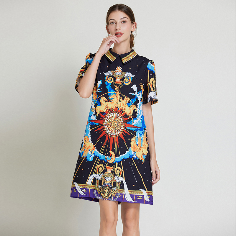 Summer printing short sleeve A-line slim temperament dress