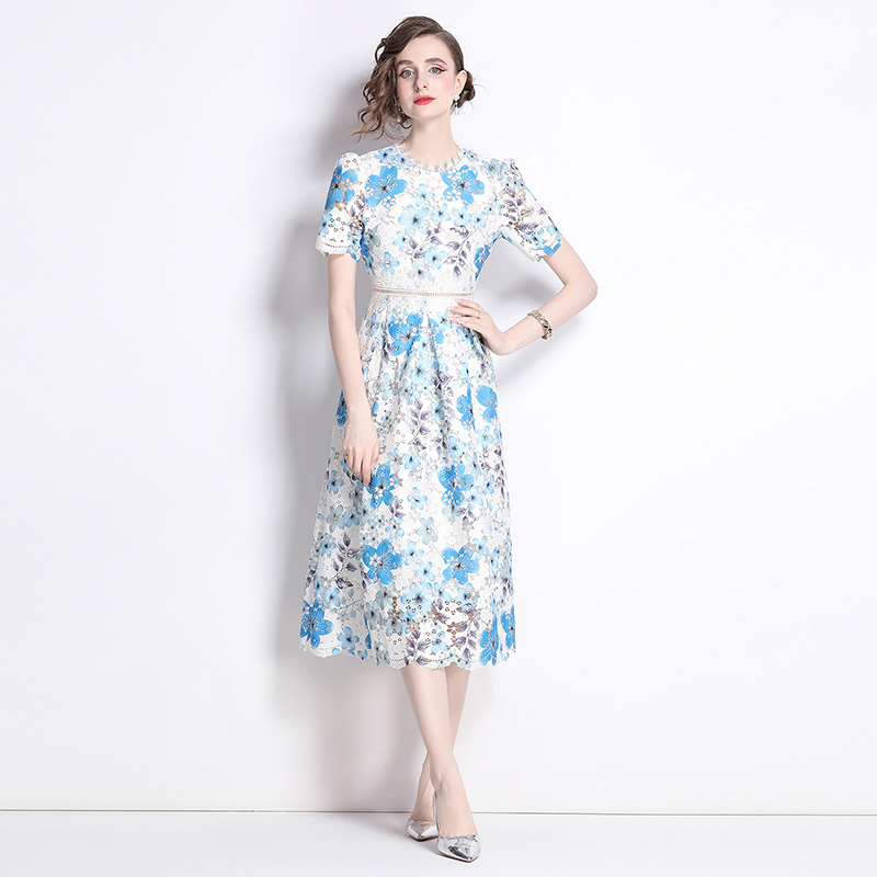 Hollow fashion light luxury slim long printing lace dress