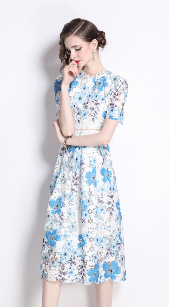 Hollow fashion light luxury slim long printing lace dress