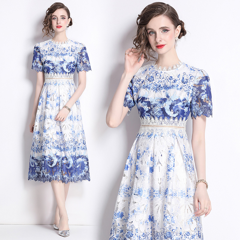 Printing long lace slim hollow fashion light luxury dress