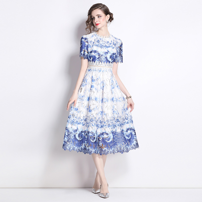 Printing long lace slim hollow fashion light luxury dress