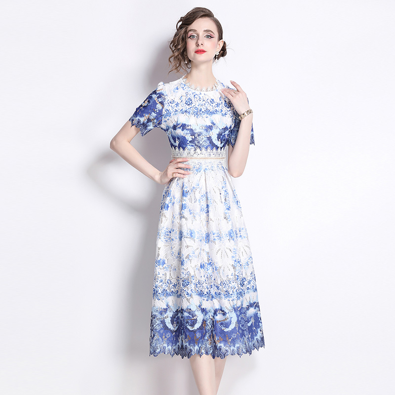 Printing long lace slim hollow fashion light luxury dress