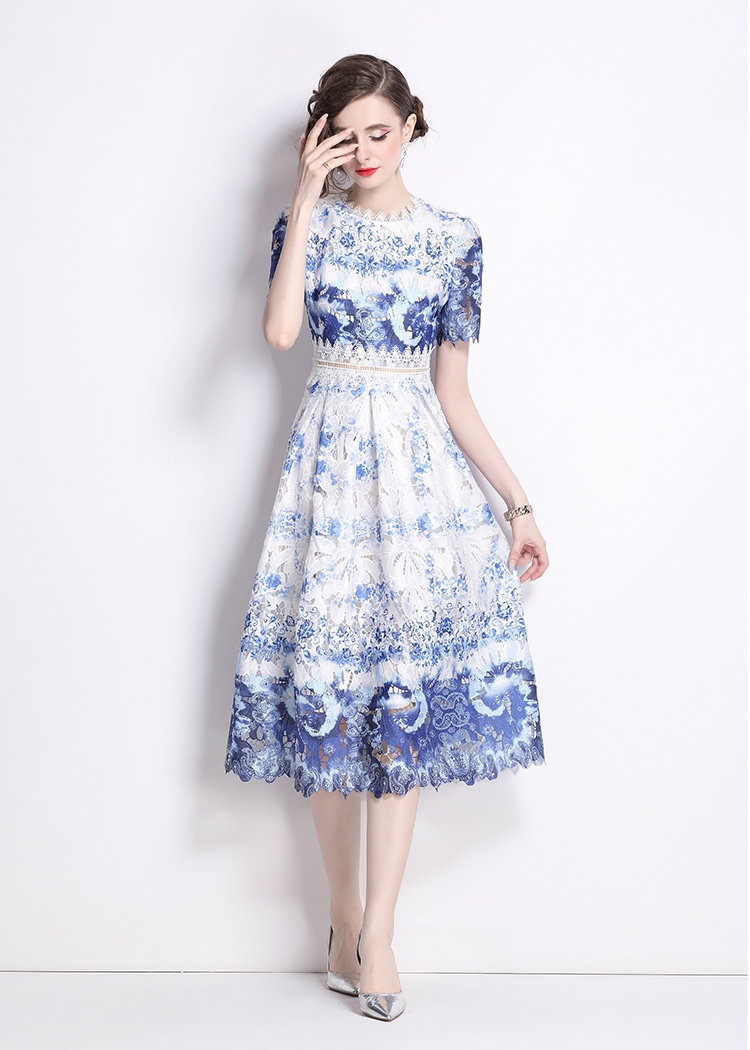 Printing long lace slim hollow fashion light luxury dress