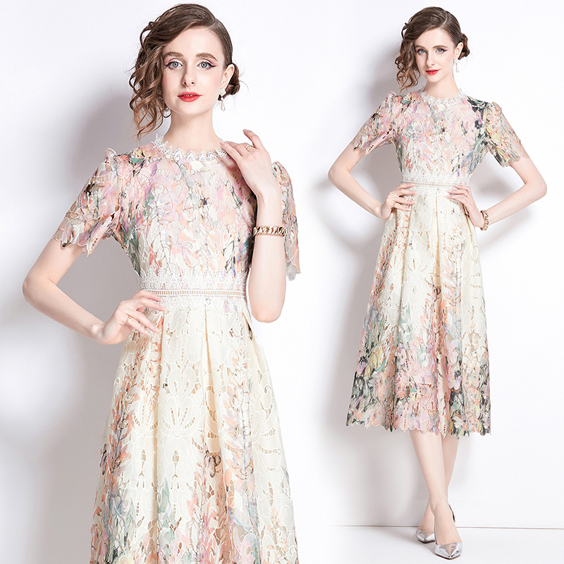 Hollow slim printing long lace fashion light luxury dress