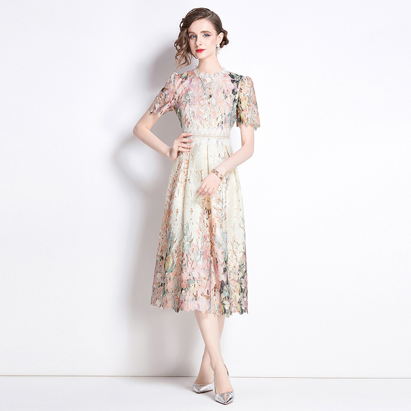 Hollow slim printing long lace fashion light luxury dress