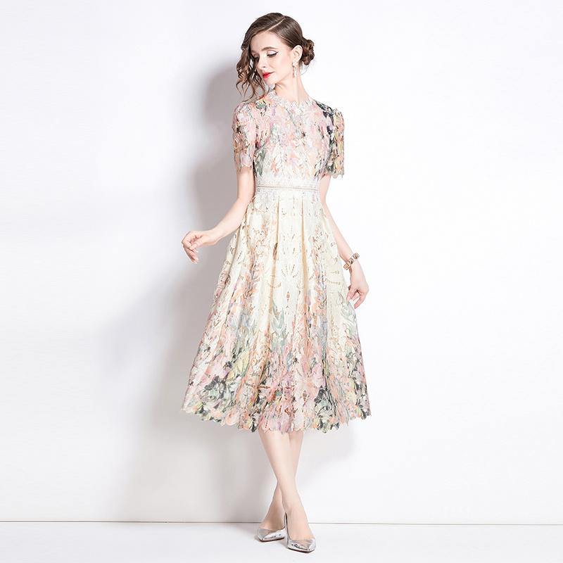 Hollow slim printing long lace fashion light luxury dress