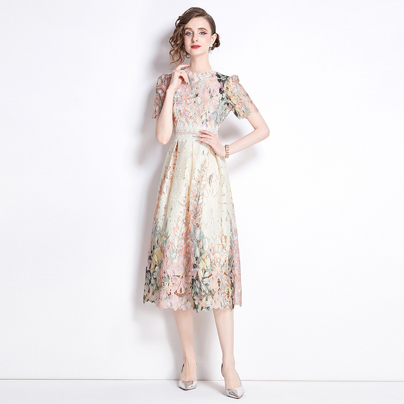 Hollow slim printing long lace fashion light luxury dress