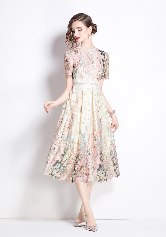 Hollow slim printing long lace fashion light luxury dress