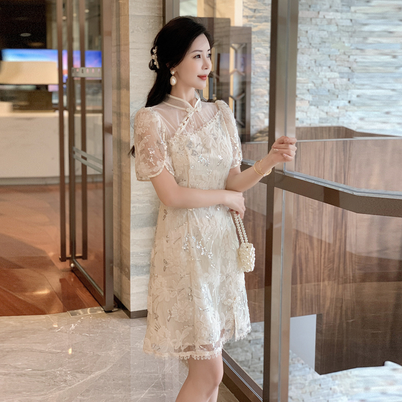 Retro embroidered relief sequins dress for women