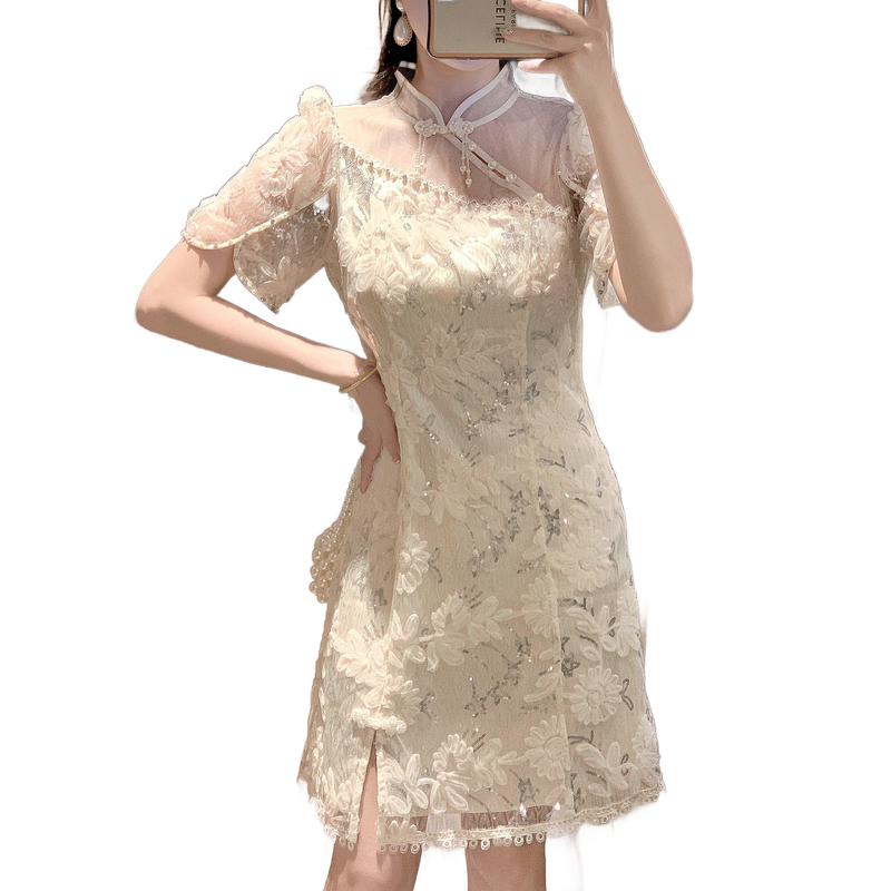 Retro embroidered relief sequins dress for women