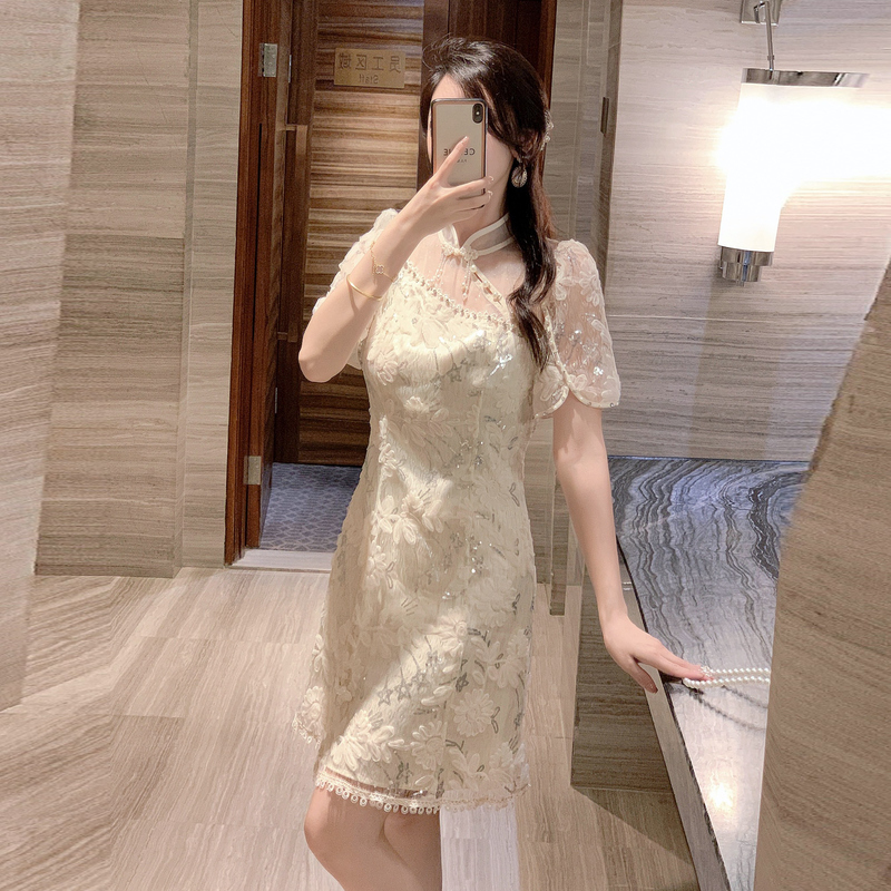 Retro embroidered relief sequins dress for women