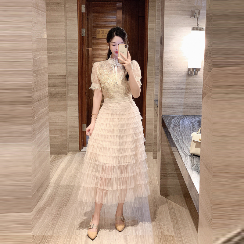 Lace slim short sleeve gauze apricot cake ladies dress