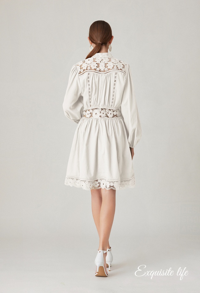 Splice lace temperament fashion V-neck hollow dress