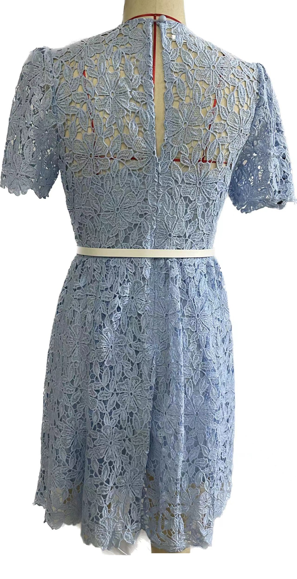 Short sleeve temperament lace round neck pinched waist dress