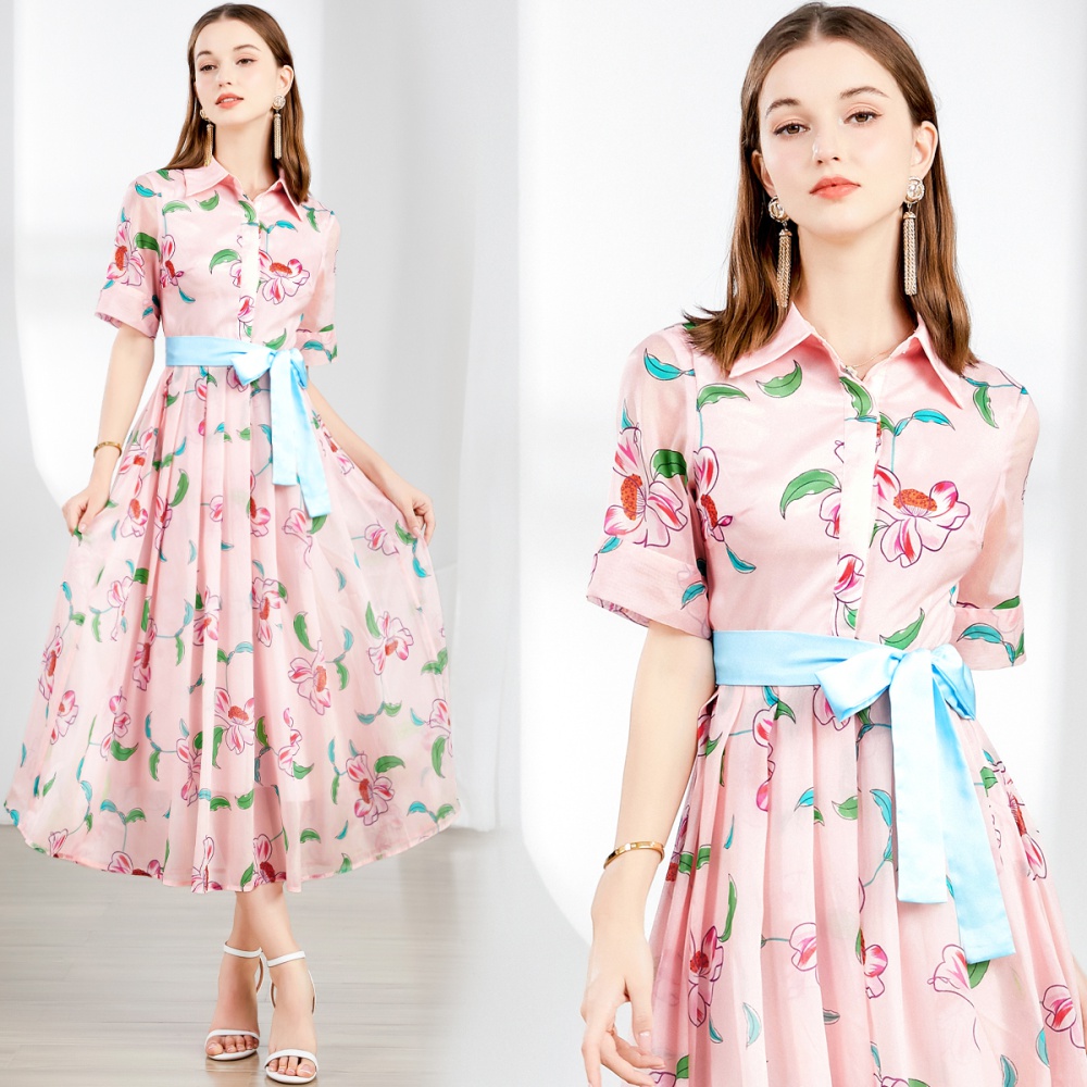 Fresh printing big skirt long dress with belt long sleeve dress