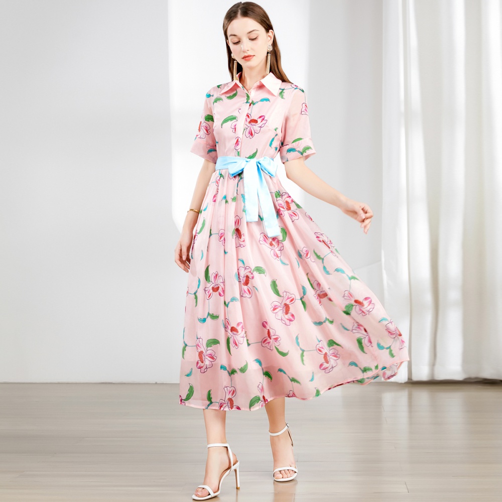 Fresh printing big skirt long dress with belt long sleeve dress