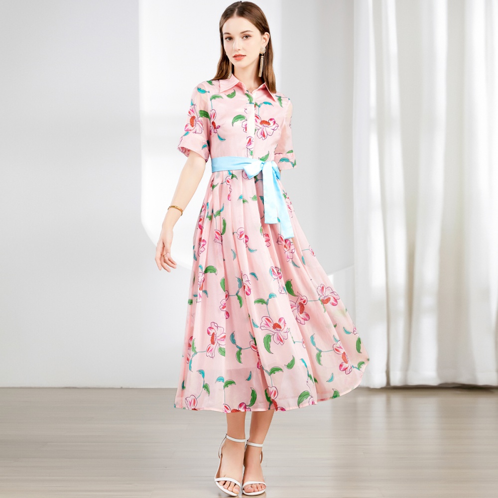 Fresh printing big skirt long dress with belt long sleeve dress