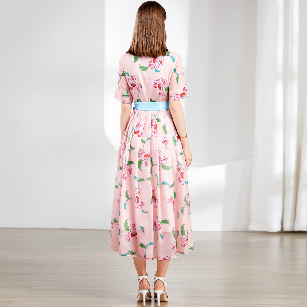 Fresh printing big skirt long dress with belt long sleeve dress