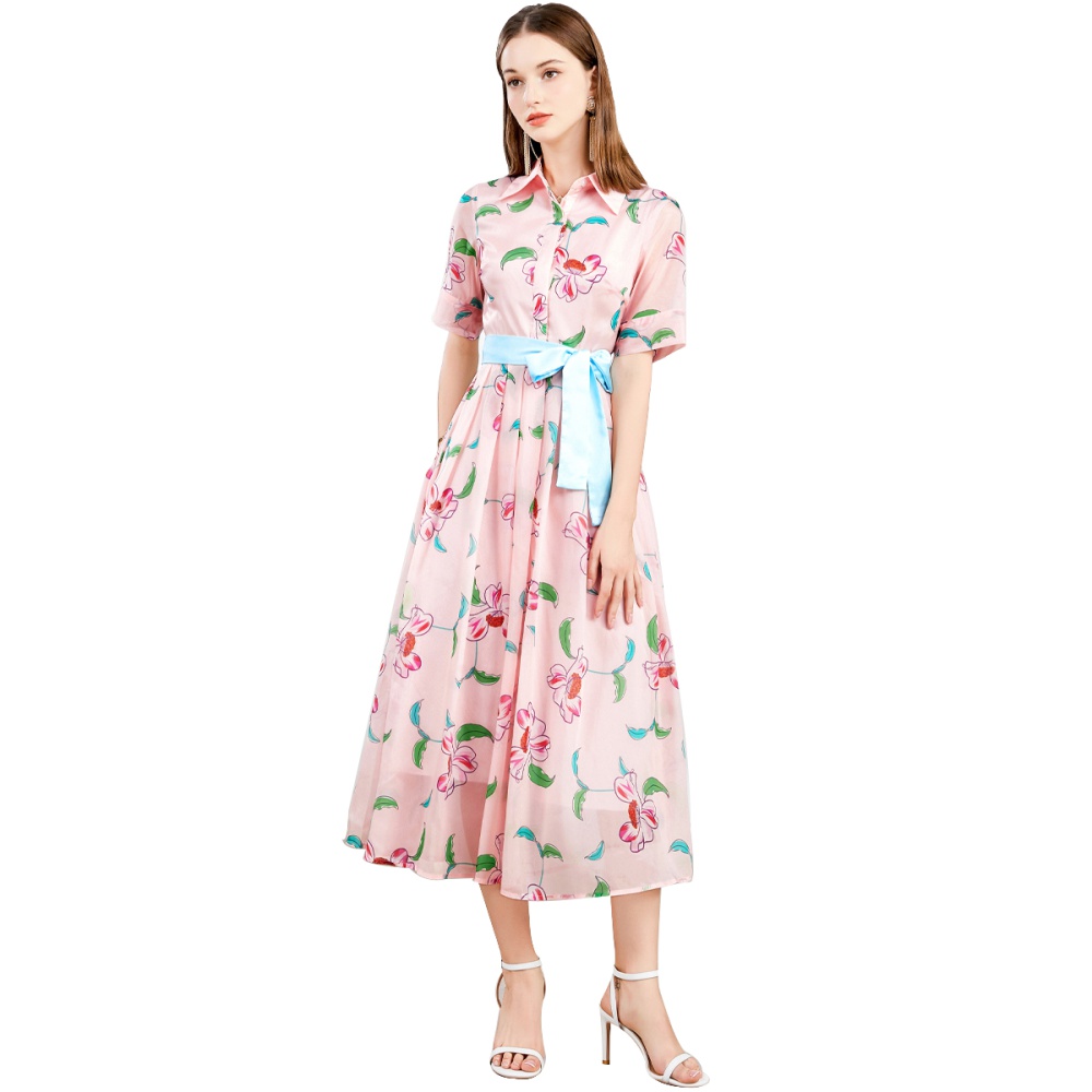 Fresh printing big skirt long dress with belt long sleeve dress