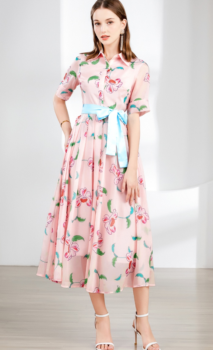 Fresh printing big skirt long dress with belt long sleeve dress