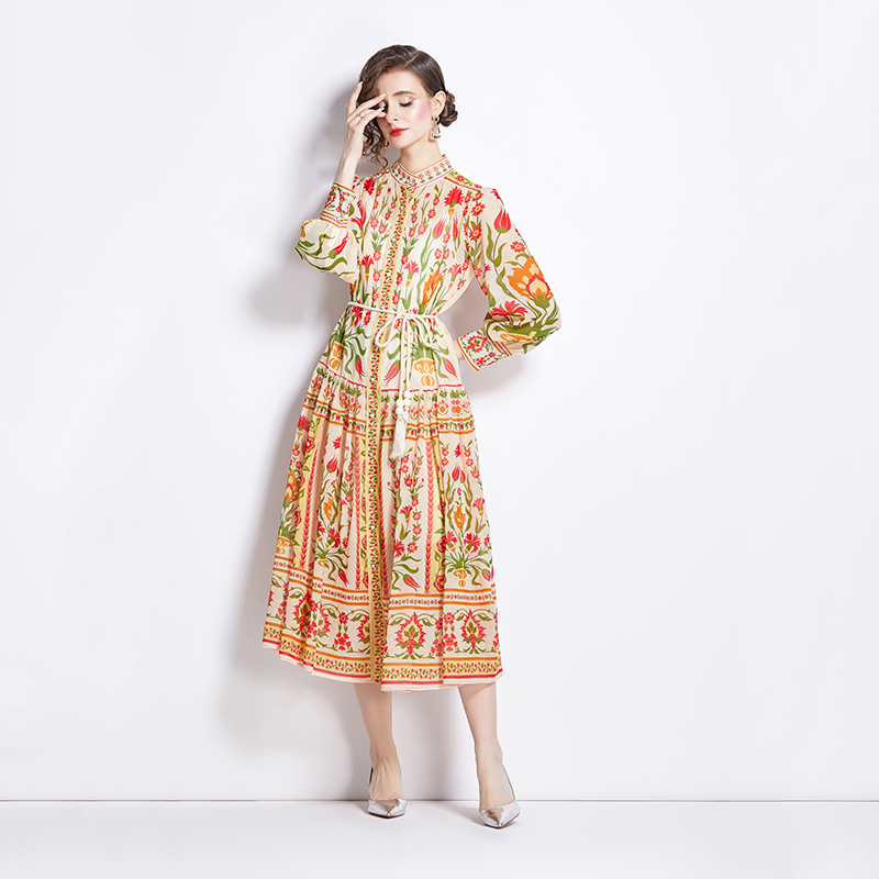 Lantern sleeve cstand collar long dress printing dress