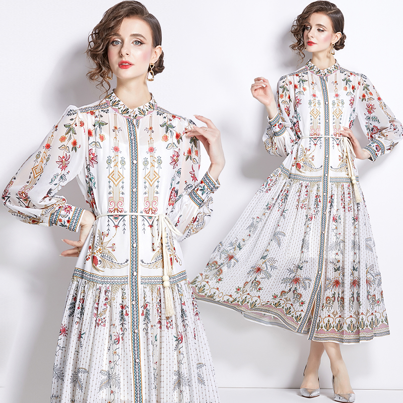 Chiffon printing long dress lantern sleeve retro dress