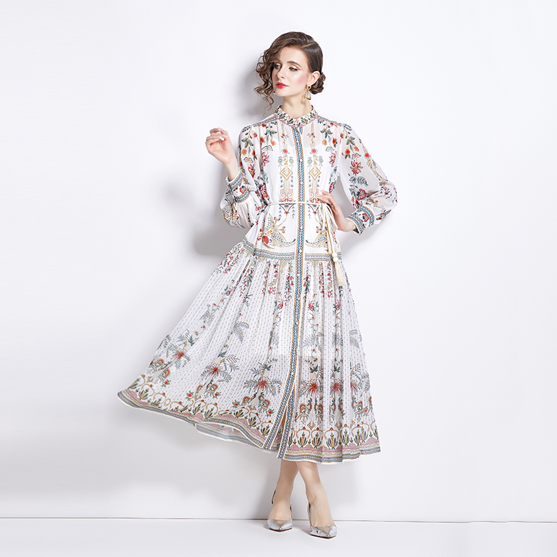 Chiffon printing long dress lantern sleeve retro dress