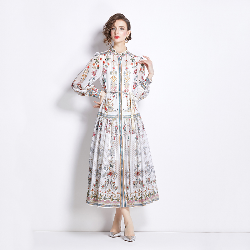 Chiffon printing long dress lantern sleeve retro dress