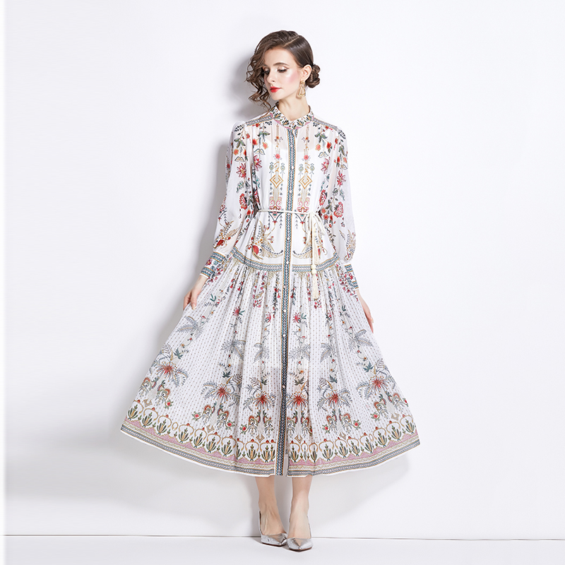 Chiffon printing long dress lantern sleeve retro dress