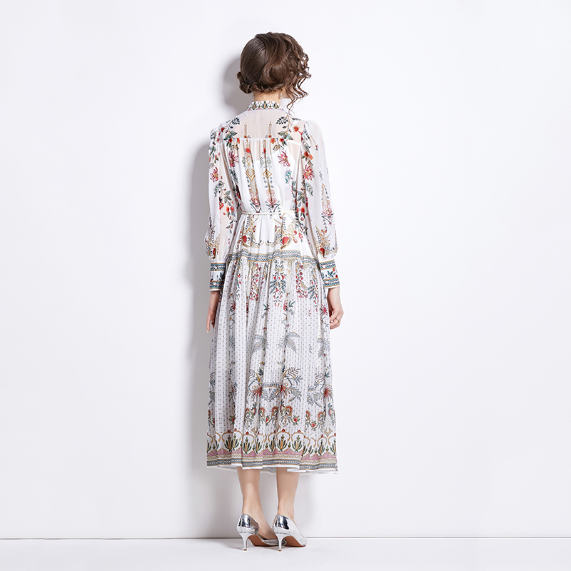 Chiffon printing long dress lantern sleeve retro dress