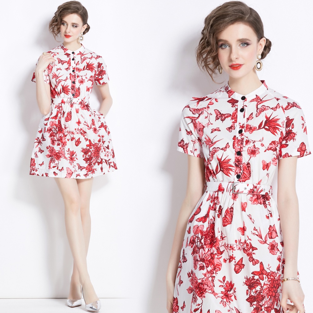 Short France style retro pinched waist printing slim dress