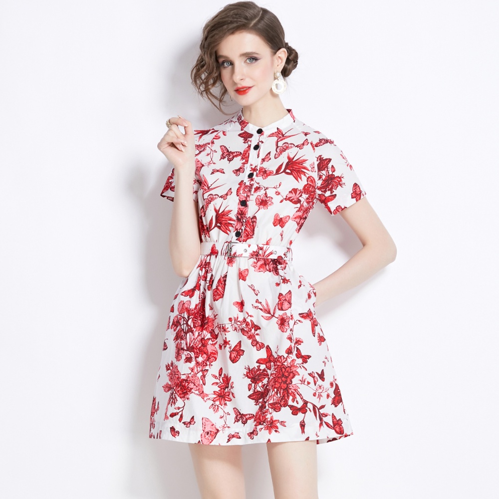 Short France style retro pinched waist printing slim dress