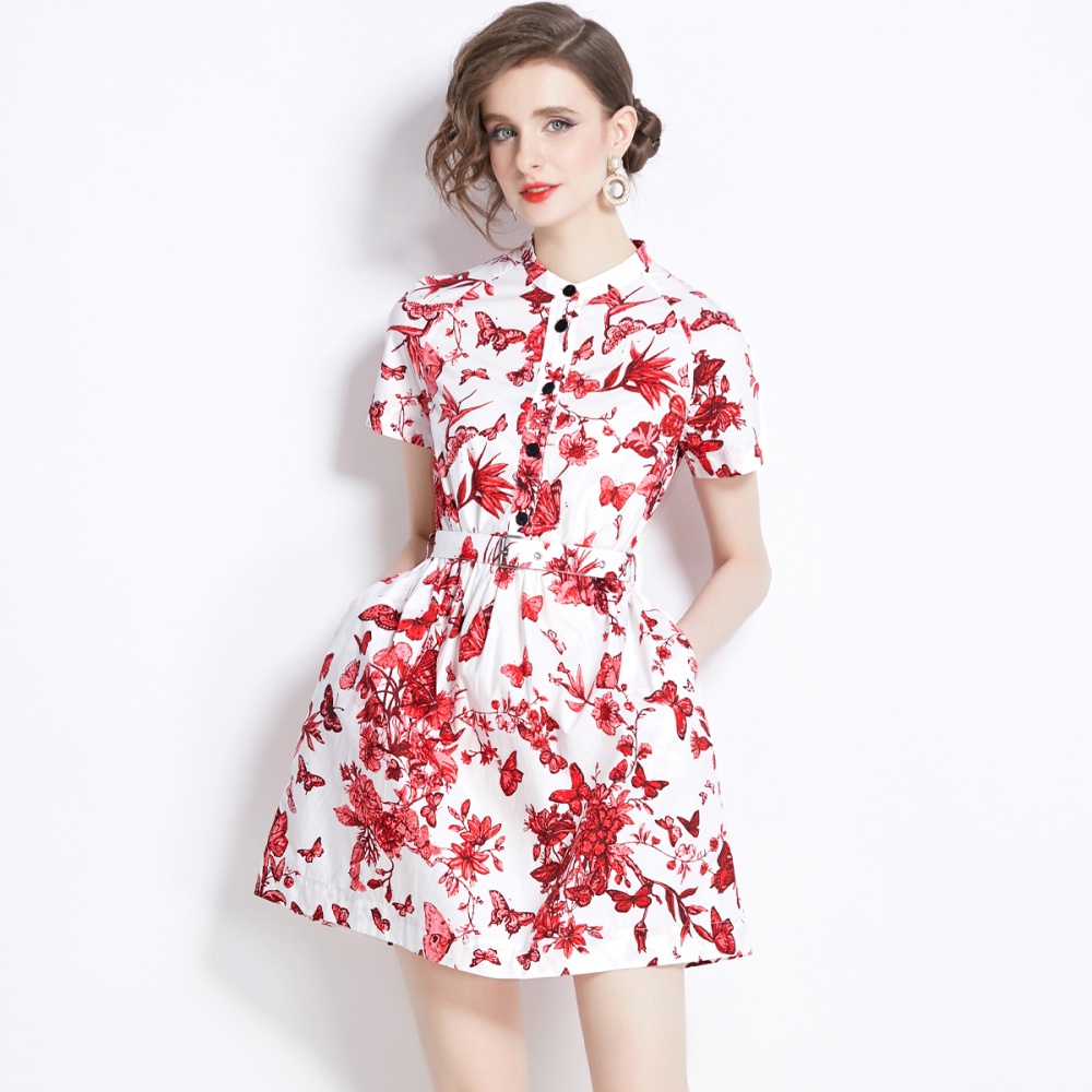 Short France style retro pinched waist printing slim dress