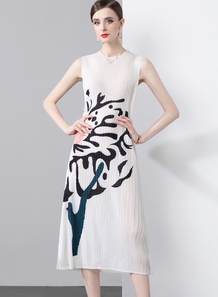 Pleats Please straight round neck niche printing art dress