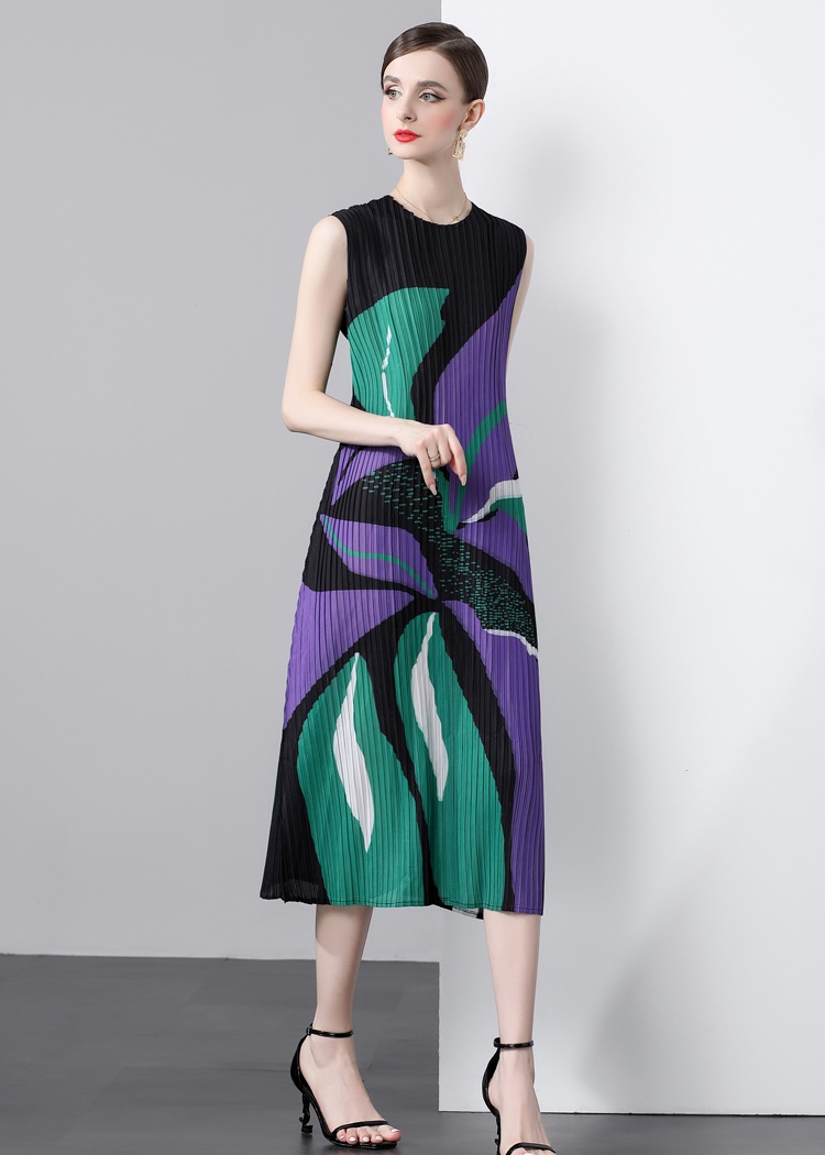 Niche round neck Pleats Please printing art dress