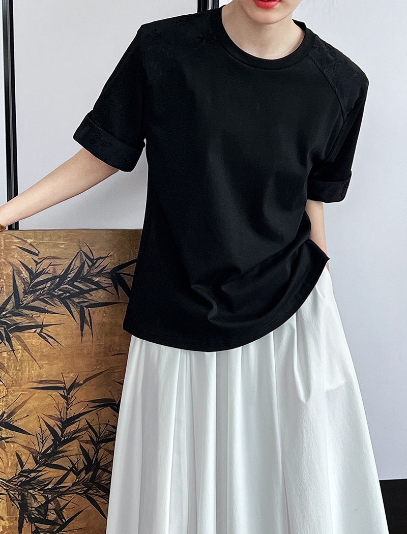 Shoulder loose tops embroidery Chinese style T-shirt