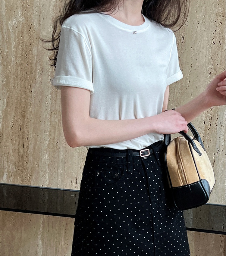 Minimalist wool pure tops bow short sleeve T-shirt