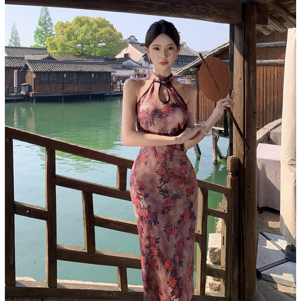 Retro colors cheongsam maiden halter dress for women