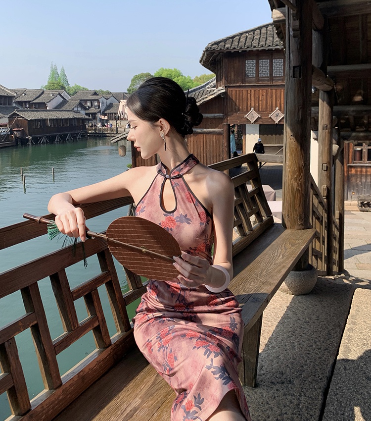 Retro colors cheongsam maiden halter dress for women