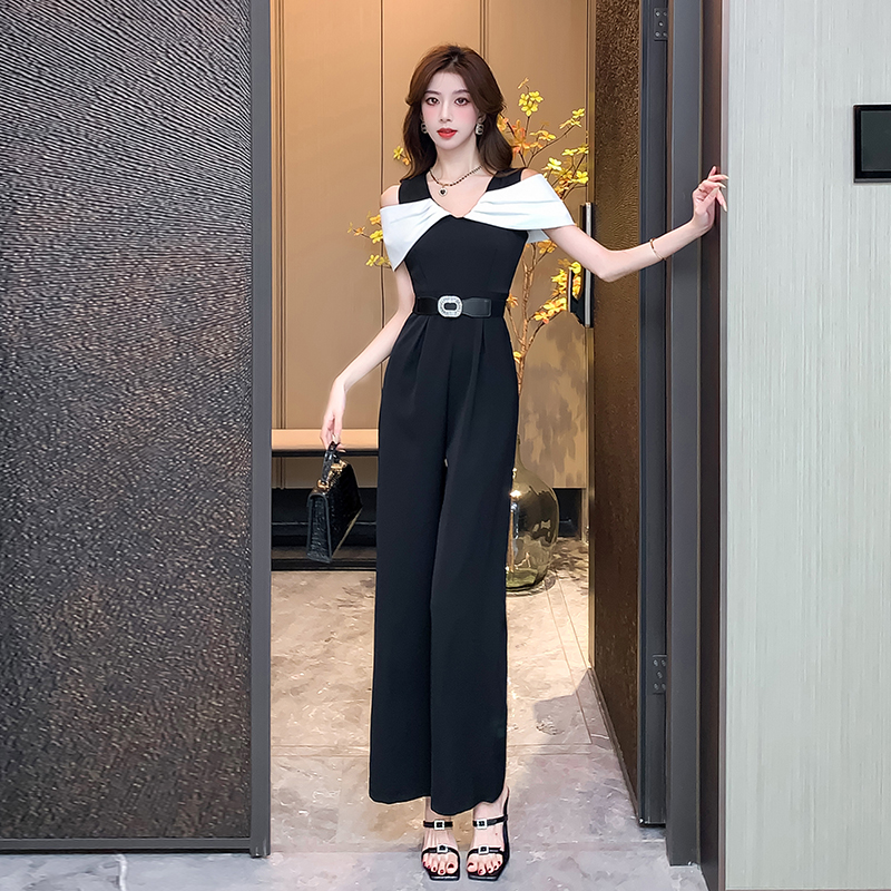 Western style mixed colors jumpsuit slim summer belt