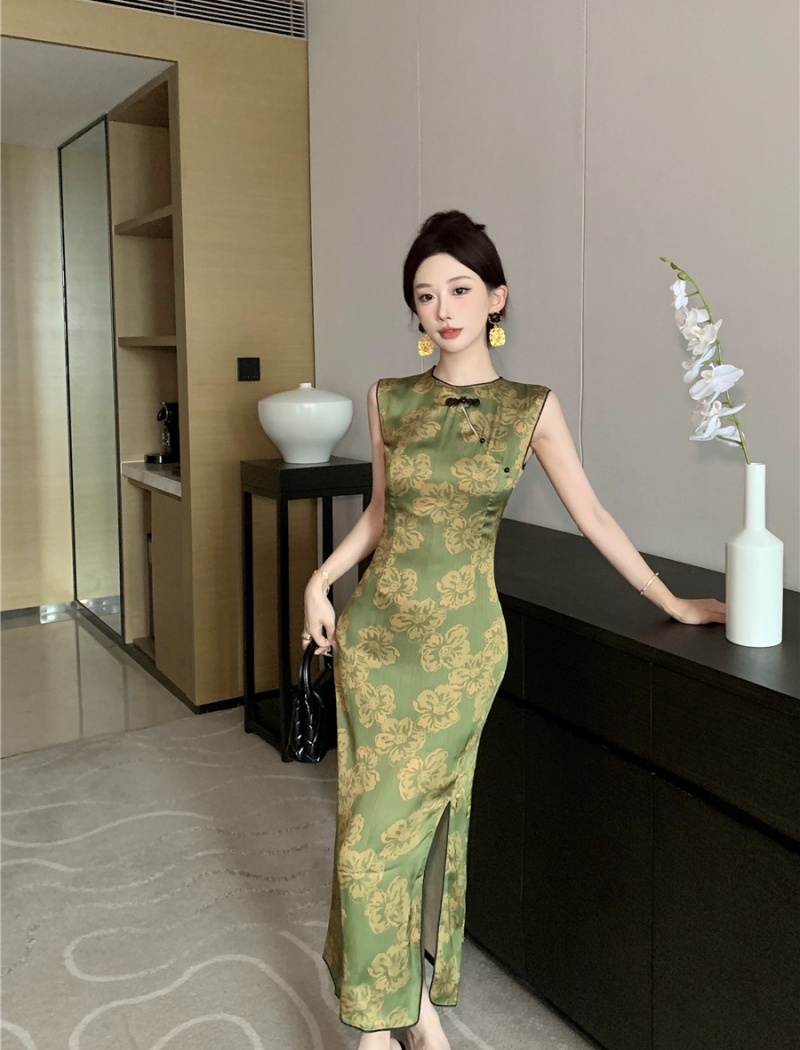 Sleeveless printing dress split summer long dress