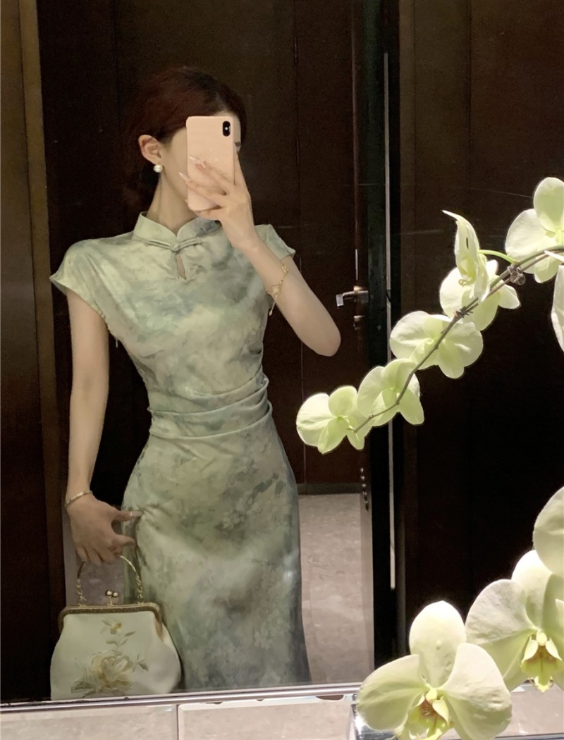 Summer short sleeve dress green Chinese style cheongsam