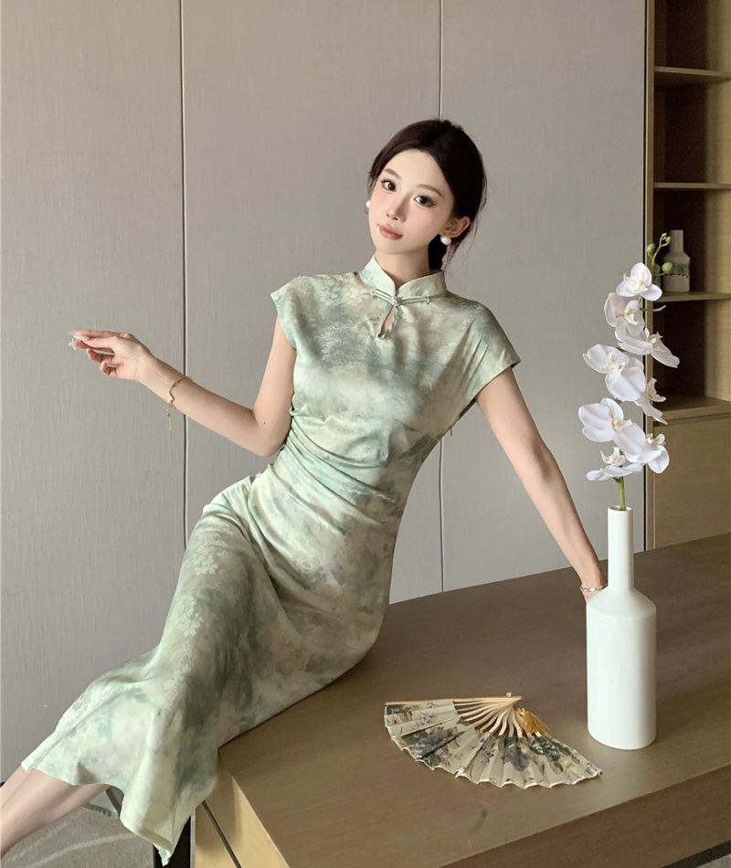 Summer short sleeve dress green Chinese style cheongsam