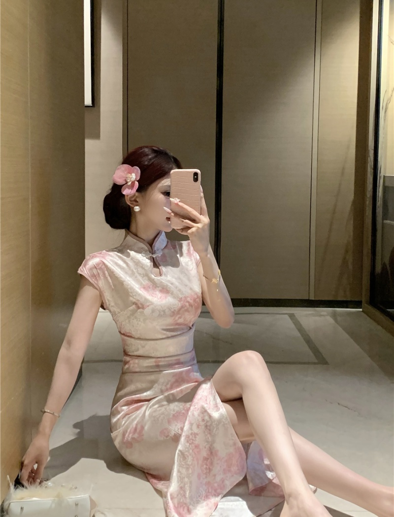 Retro long cheongsam Chinese style summer dress for women