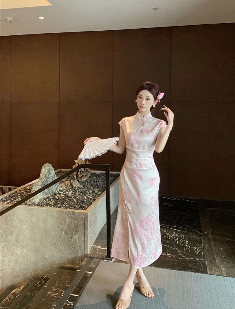 Retro long cheongsam Chinese style summer dress for women