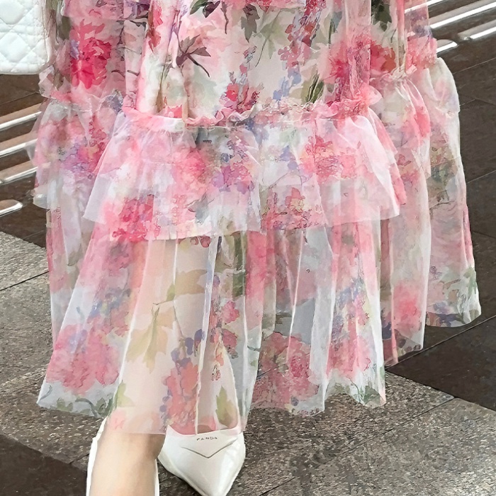 Printing gauze pink long cake colors big skirt dress