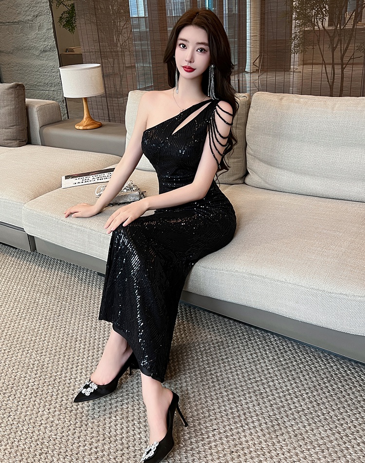 Tassels sequins evening dress shoulder long dress for women