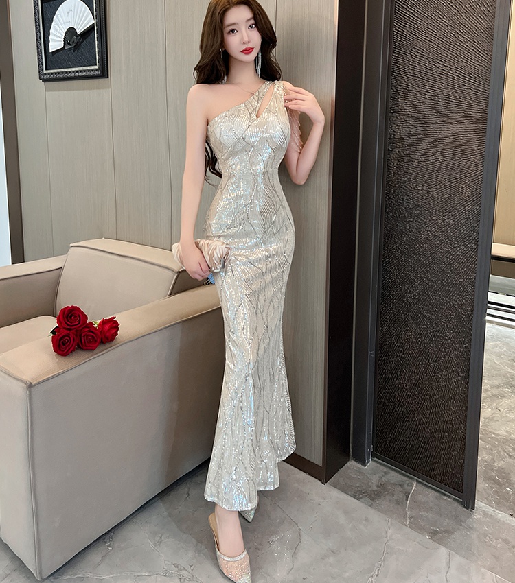 Tassels sequins evening dress shoulder long dress for women